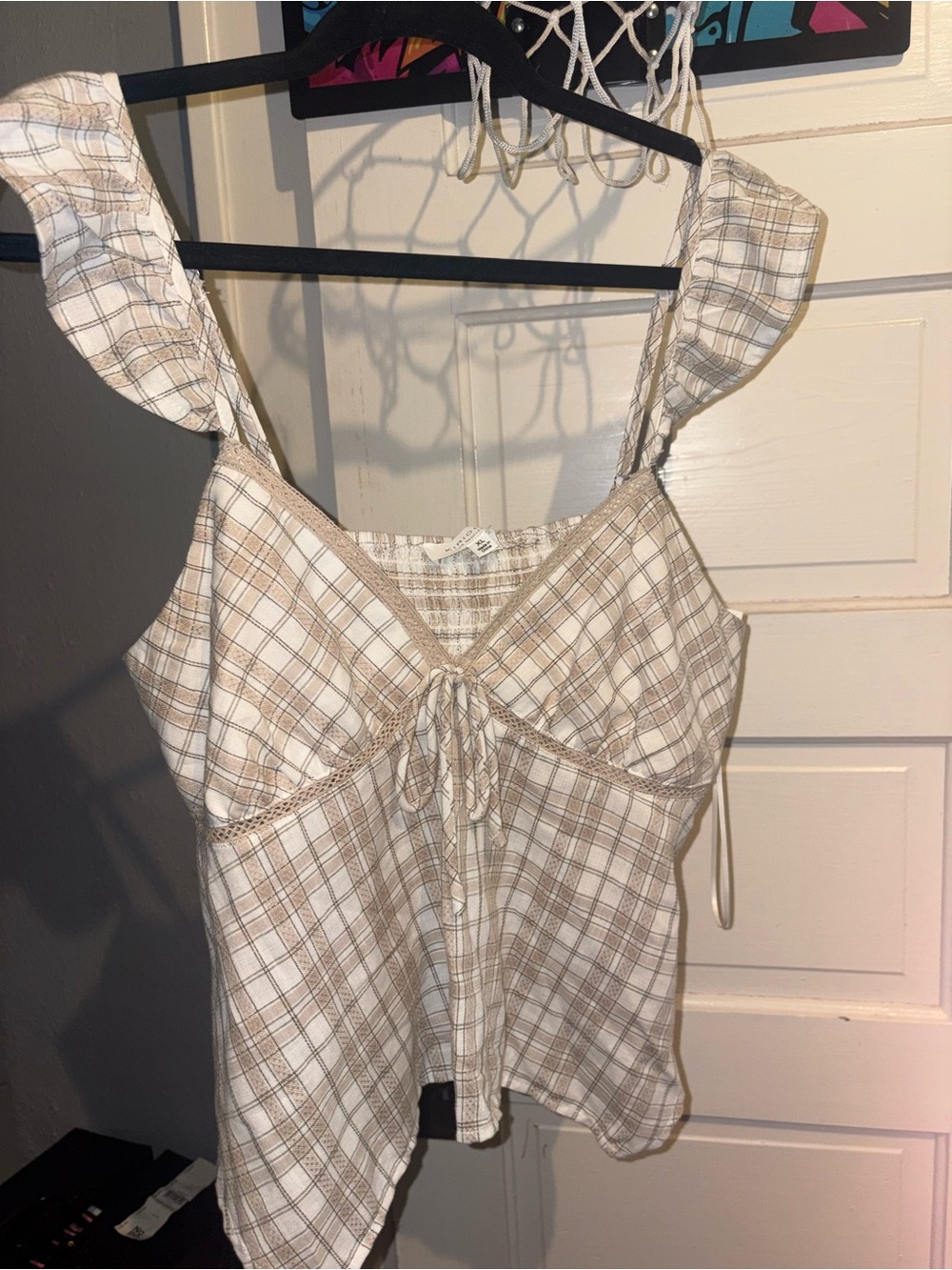 T.J.Maxx Beige and White Plaid Ruffle-Strap Tie-Front Camisole